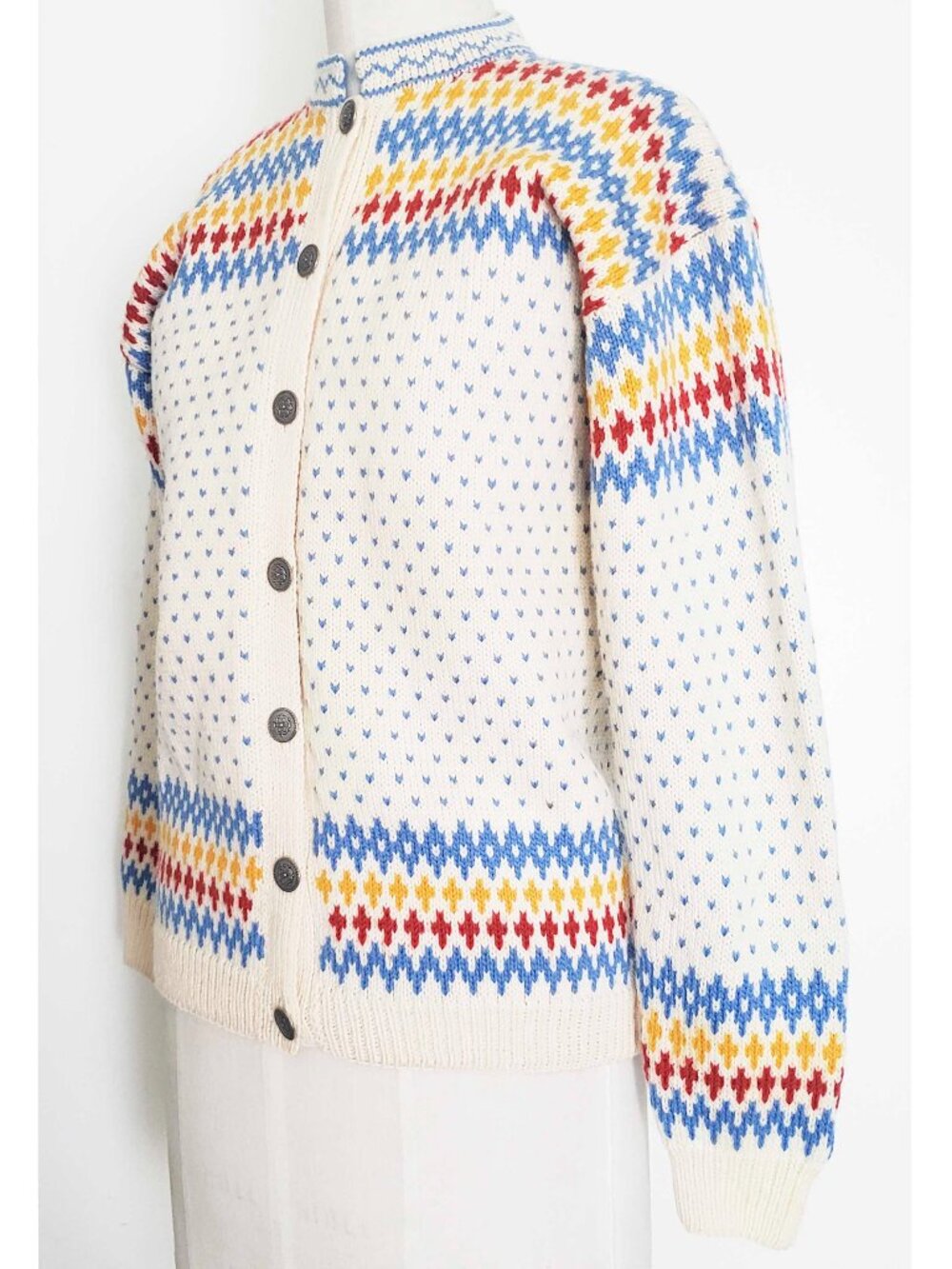 Vintage Women's Norwegian Fair Isle Wool Knit Cardigan Ivory Blue Red Yellow S M